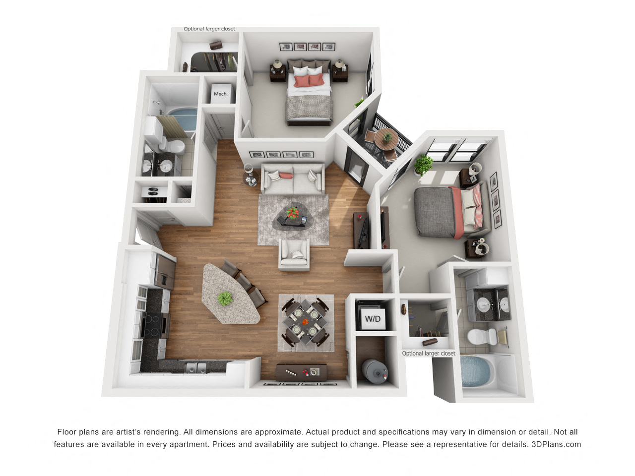 Floor plan for 2 beds, 2 baths, 1131 sqft